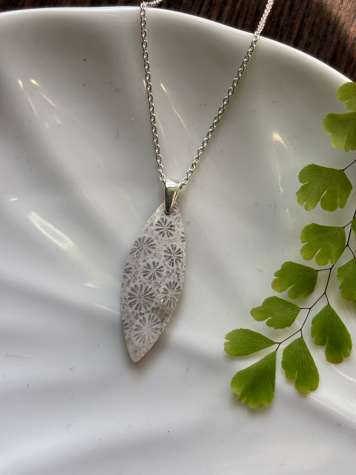 Fossilized Coral Silver Floral Marquise Necklace