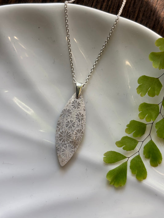 Fossilized Coral Silver Floral Marquise Necklace