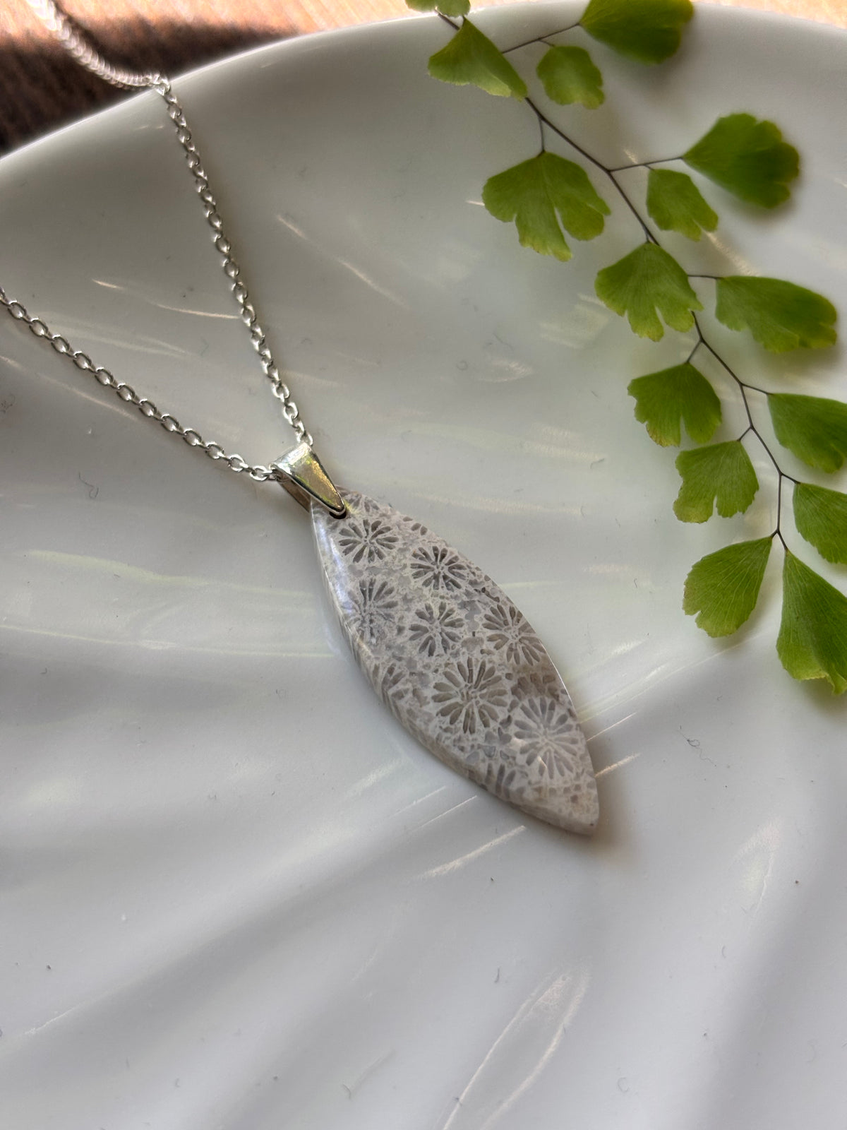 Fossilized Coral Silver Floral Marquise Necklace